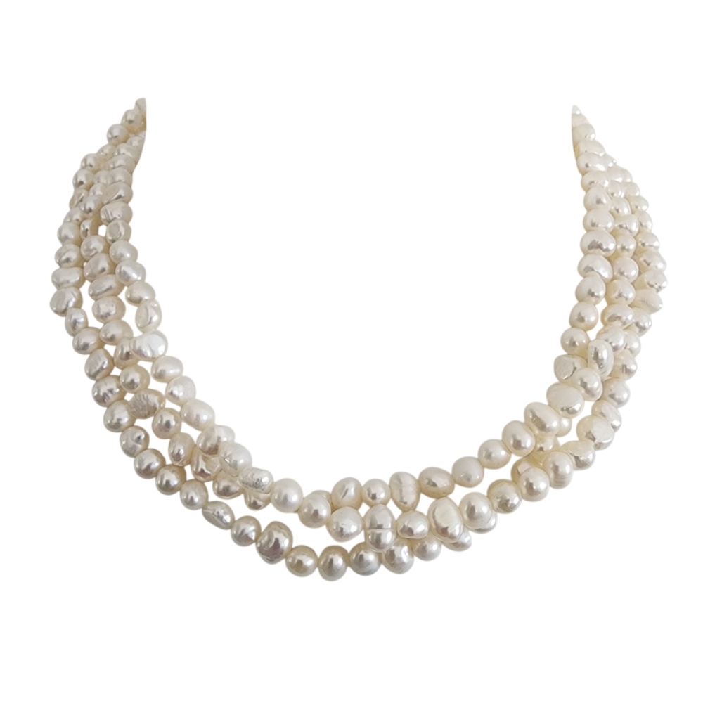 Pearl necklace multi strand genuine pearls 925 sterling silver clasp  A0387 Q7